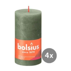 Bolsius 4er Pack Stumpenkerze 130/68 Rustik Shine olivengrün 70