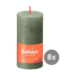 Bolsius 8er Pack Stumpenkerze 100/50 Rustik Shine olivengrün 70